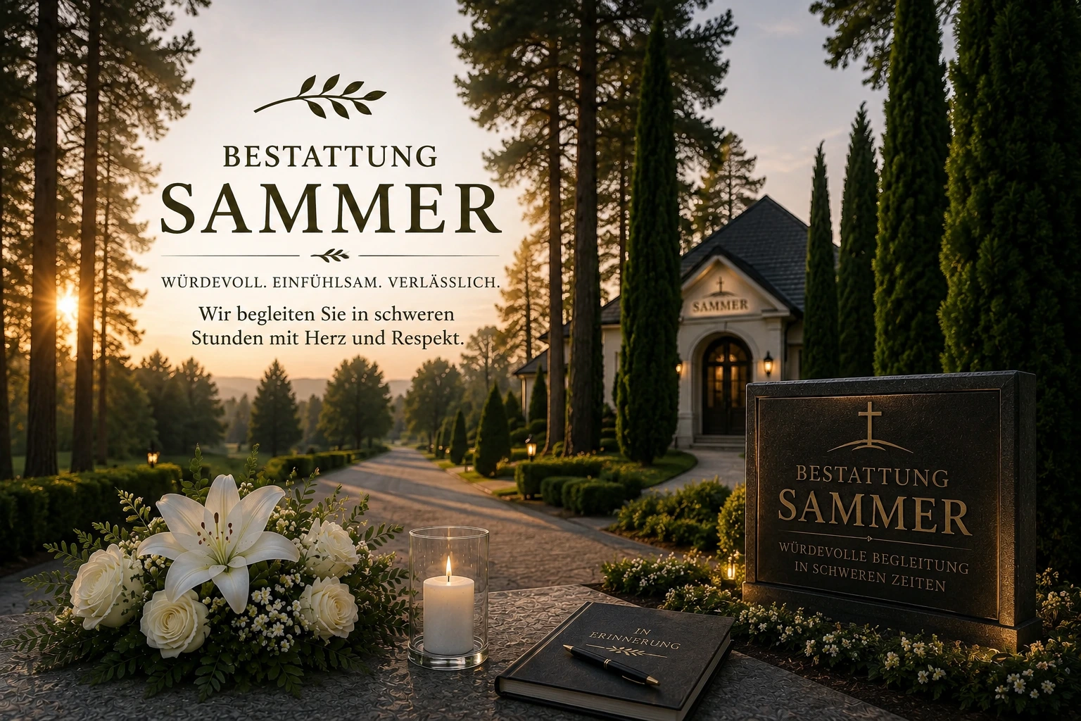 Bestattung Sammer mit hohen Bäumen, Trauerkerze, weißen Lilien und stilvoller Gedenkstätte