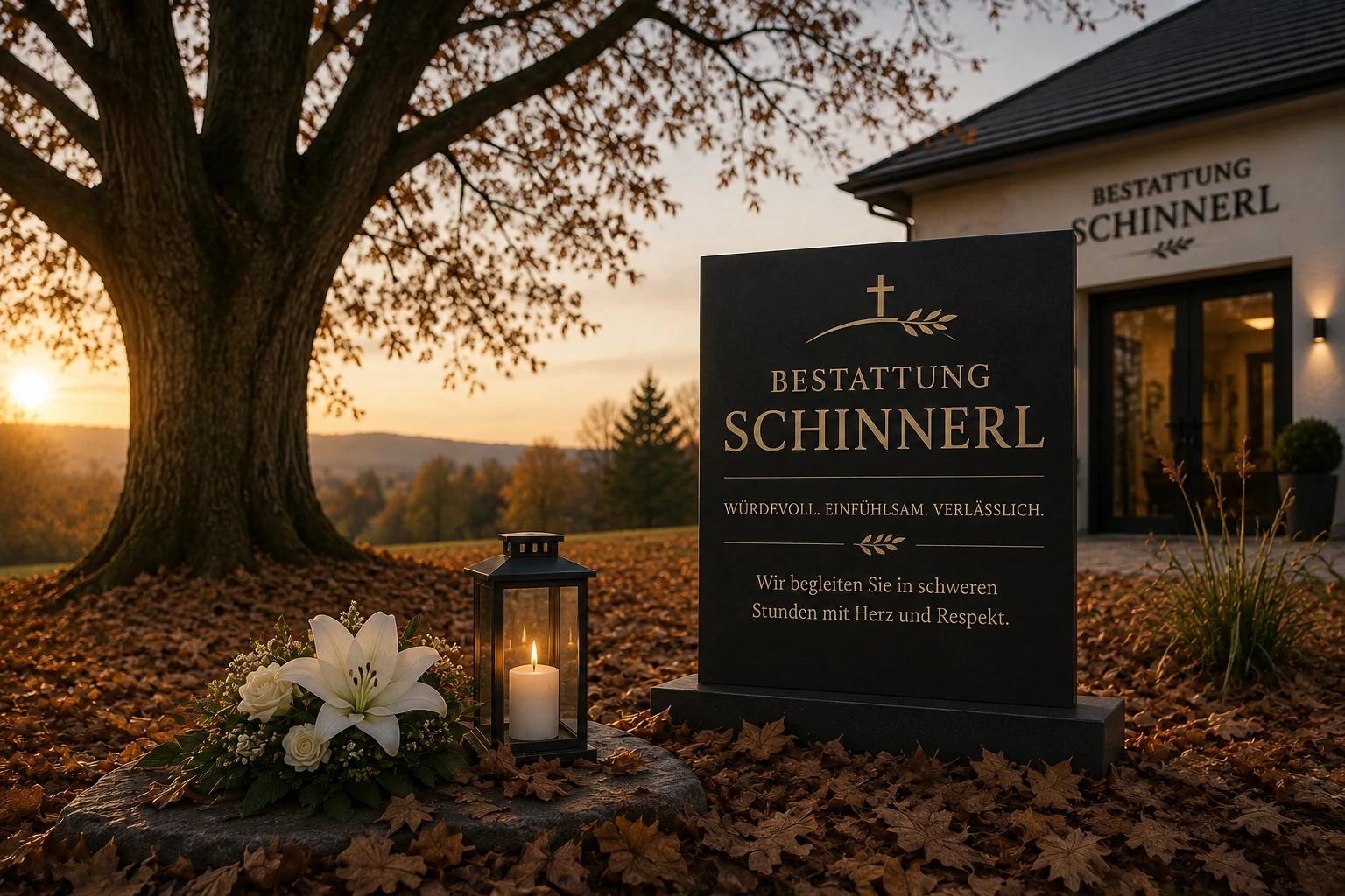 Bestattung Schinnerl mit Herbstbaum, Kerze und Blumengesteck