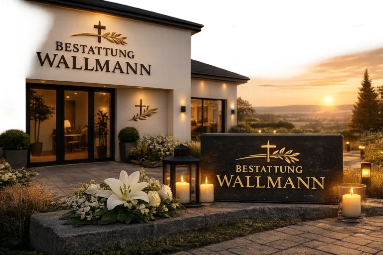 Bestattung Wallmann mit modernem Bestattungsinstitut, Gedenkstein, Lilien und Kerzen