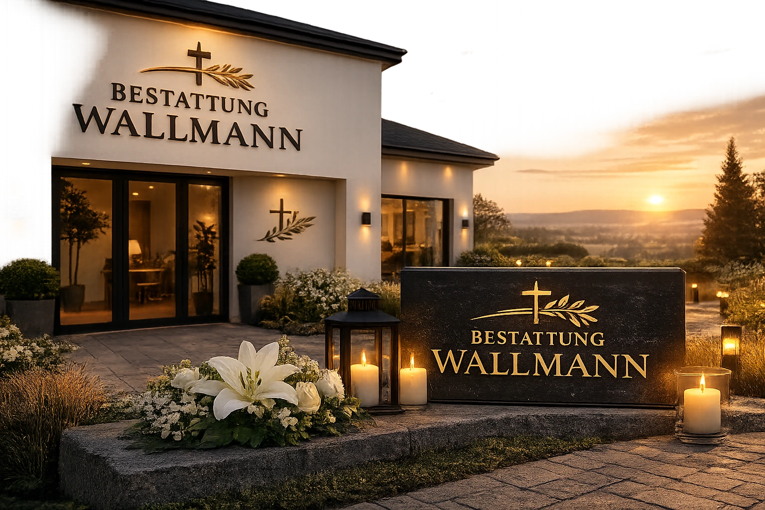 Bestattung Wallmann mit modernem Bestattungsinstitut, Gedenkstein, Lilien und Kerzen