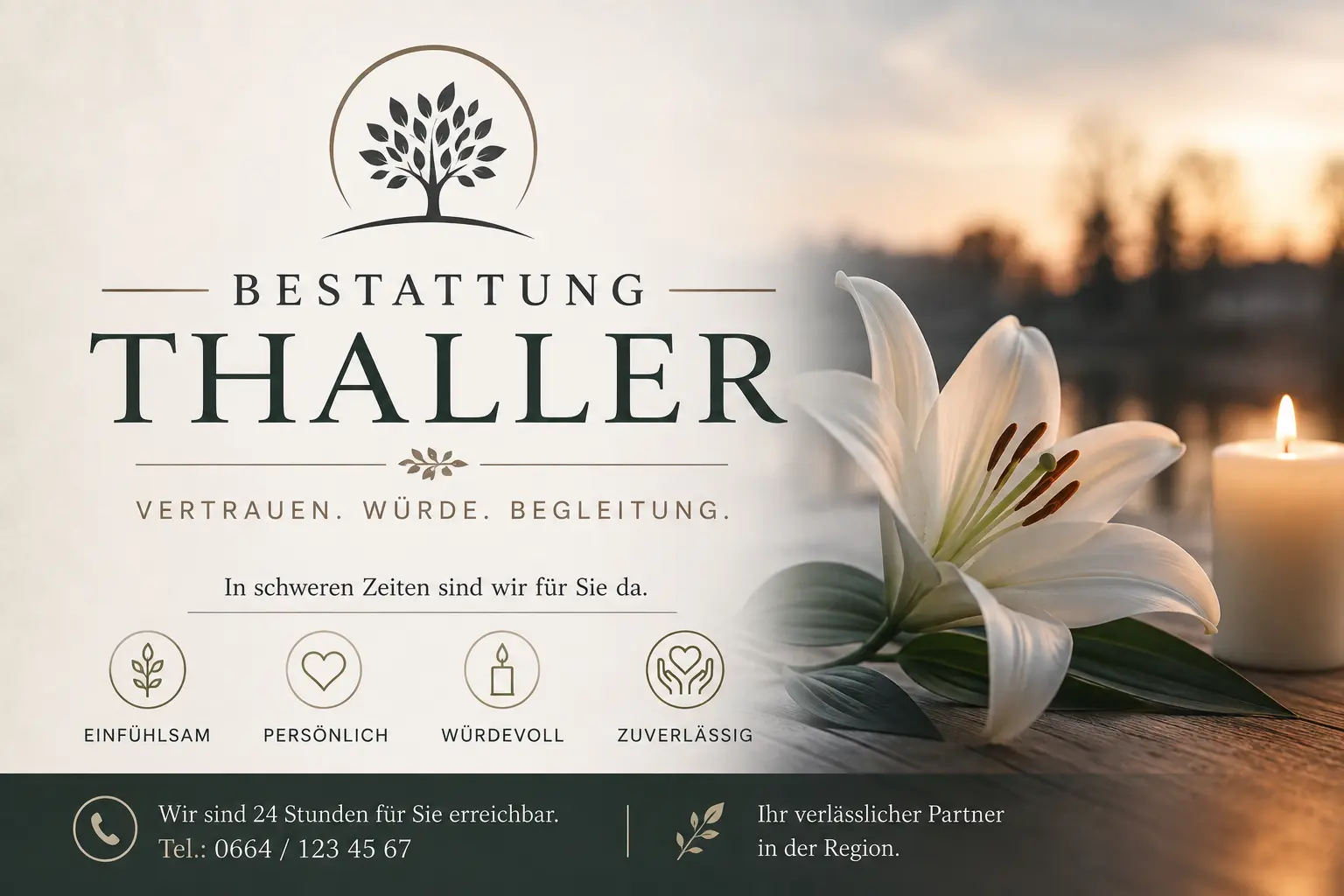 Bestattung Thaller mit Lilie, Kerze und einfühlsamer Trauerbegleitung