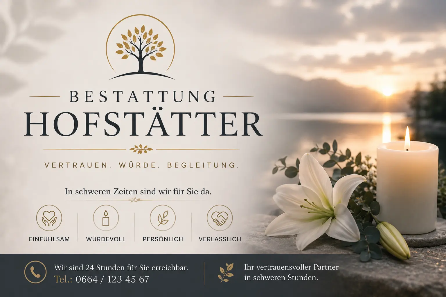 Bestattung Hofstätter mit Kerze, Lilie und Berglandschaft