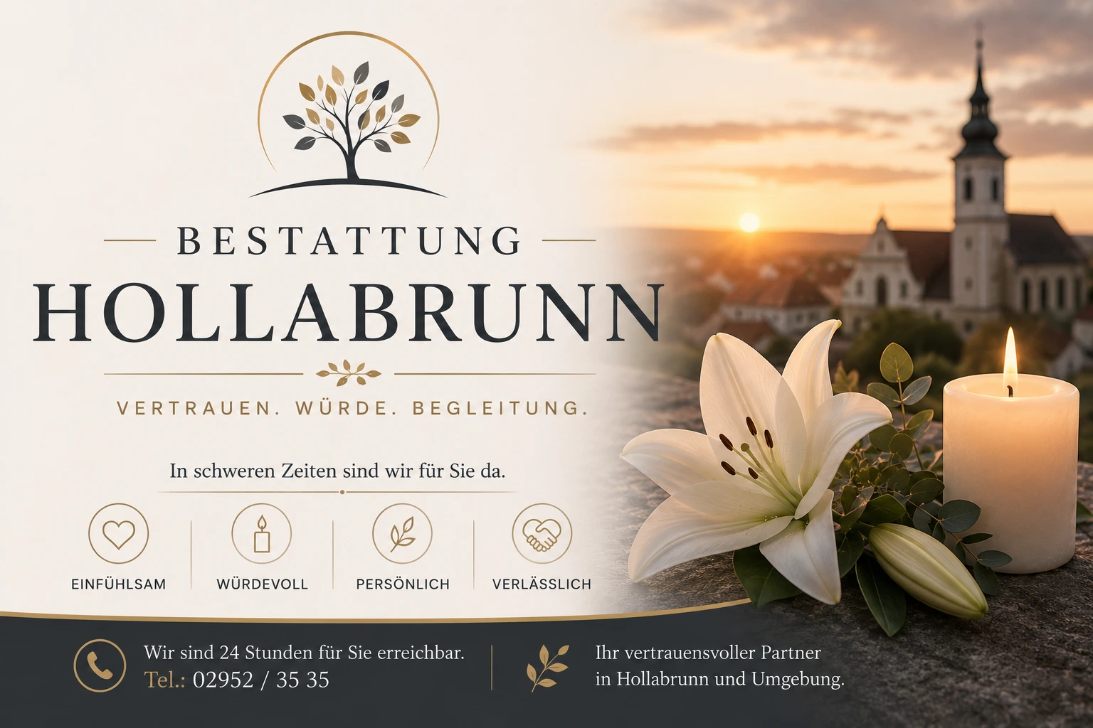 Bestattung Hollabrunn mit Kerze, weißer Lilie und stimmungsvoller Stadtansicht