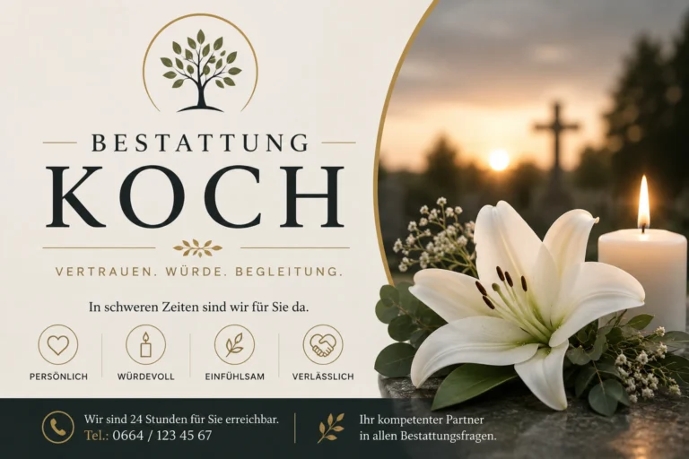 Bestattung Koch mit weißer Lilie, Kerze und Kreuz im Abendlicht