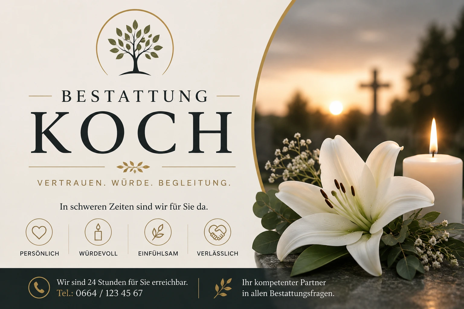 Bestattung Koch mit weißer Lilie, Kerze und Kreuz im Abendlicht