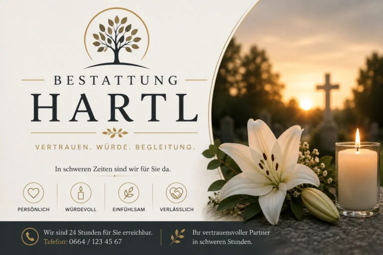 Bestattung Hartl mit weißer Lilie, Kerze und Kreuz im warmen Abendlicht