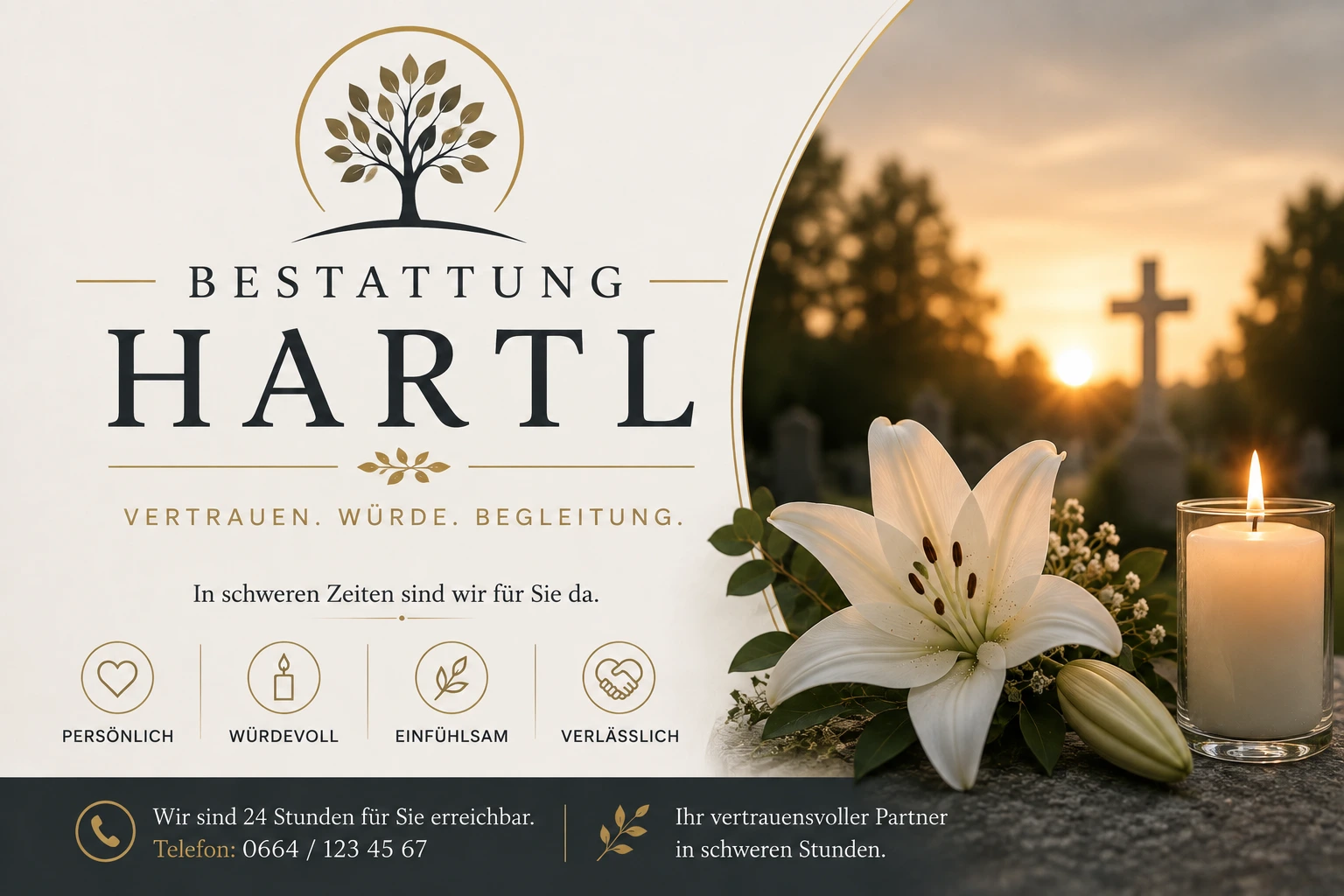 Bestattung Hartl mit weißer Lilie, Kerze und Kreuz im warmen Abendlicht