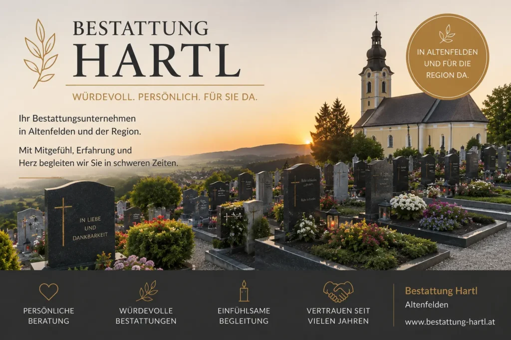 Bestattung Hartl in Altenfelden mit Friedhof, Grabsteinen und Kirche bei Sonnenuntergang