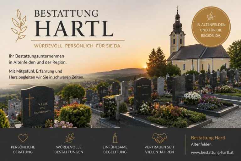 Bestattung Hartl : Bestattungsunternehmen im Mühlviertel und Oberösterreich 1 Bestattung Hartl in Altenfelden mit Friedhof, Grabsteinen und Kirche bei Sonnenuntergang