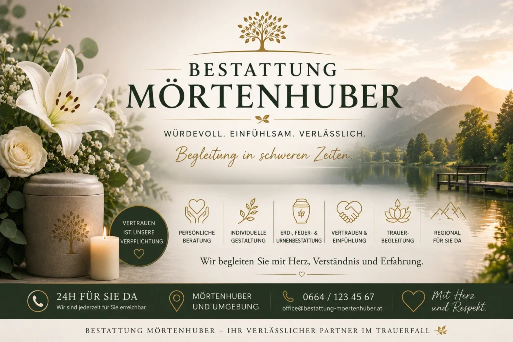 Bestattung Mörtenhuber mit Lilien, Urne, Kerze und Bergsee