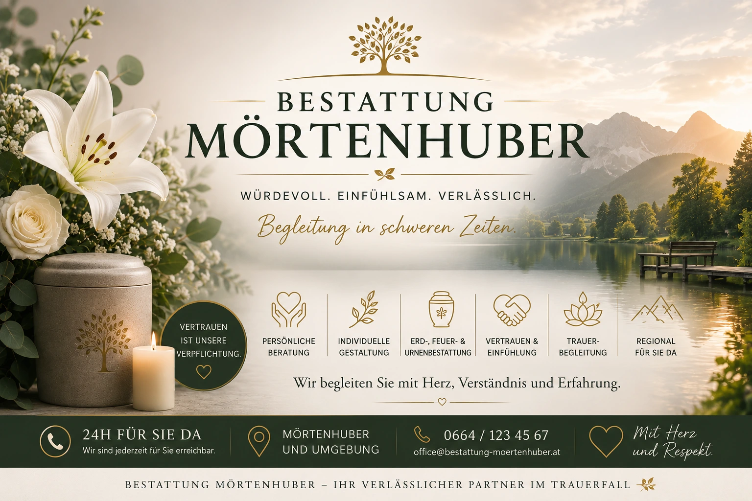 Bestattung Mörtenhuber mit Lilien, Urne, Kerze und Bergsee