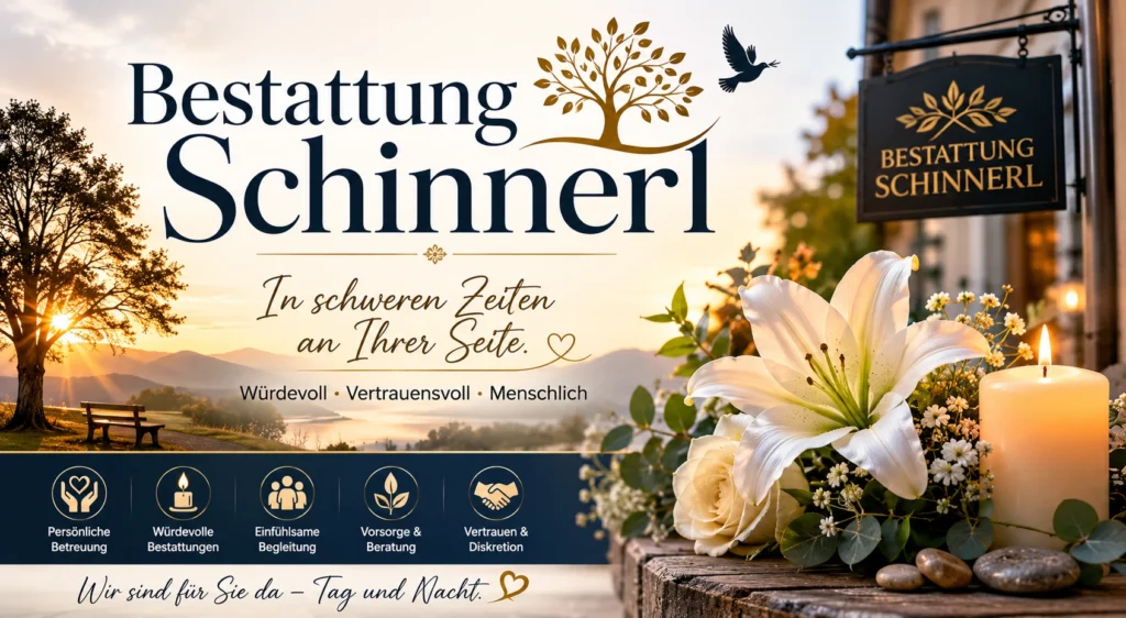 Bestattung Schinnerl mit Lilie, Kerze und friedlicher Landschaft bei Sonnenuntergang