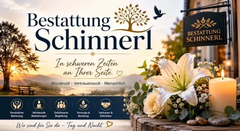 Bestattung Schinnerl mit Lilie, Kerze und friedlicher Landschaft bei Sonnenuntergang