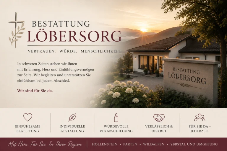 Bestattung Löbersorg : Würdevolle Begleitung im Trauerfall in Hollenstein an der Ybbs 1 Bestattung Löbersorg Gebäude in ruhiger Berglandschaft bei Sonnenaufgang mit Gedenkstein und Blumen, Symbol für würdevolle Bestattungen in Österreich