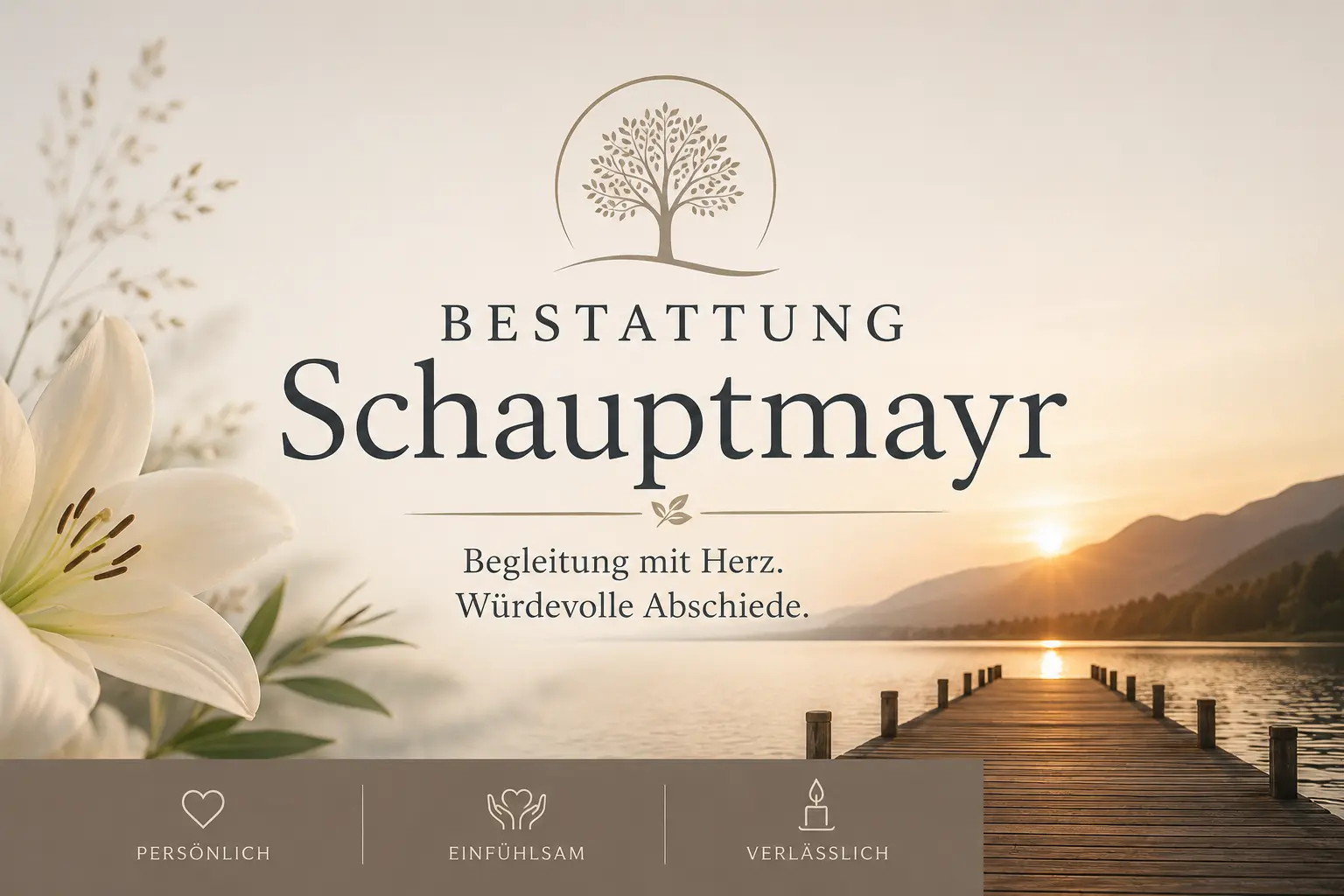 Bestattung Schaupmayr mit Lilie und See bei Sonnenuntergang