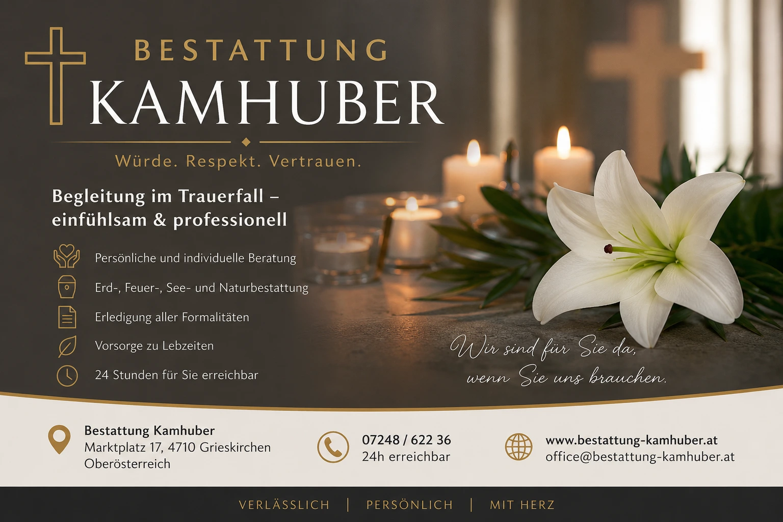 Bestattung Kamhuber mit Lilie und Kerzenlicht - würdevolle Bestattung und Trauerbegleitung in Oberösterreich