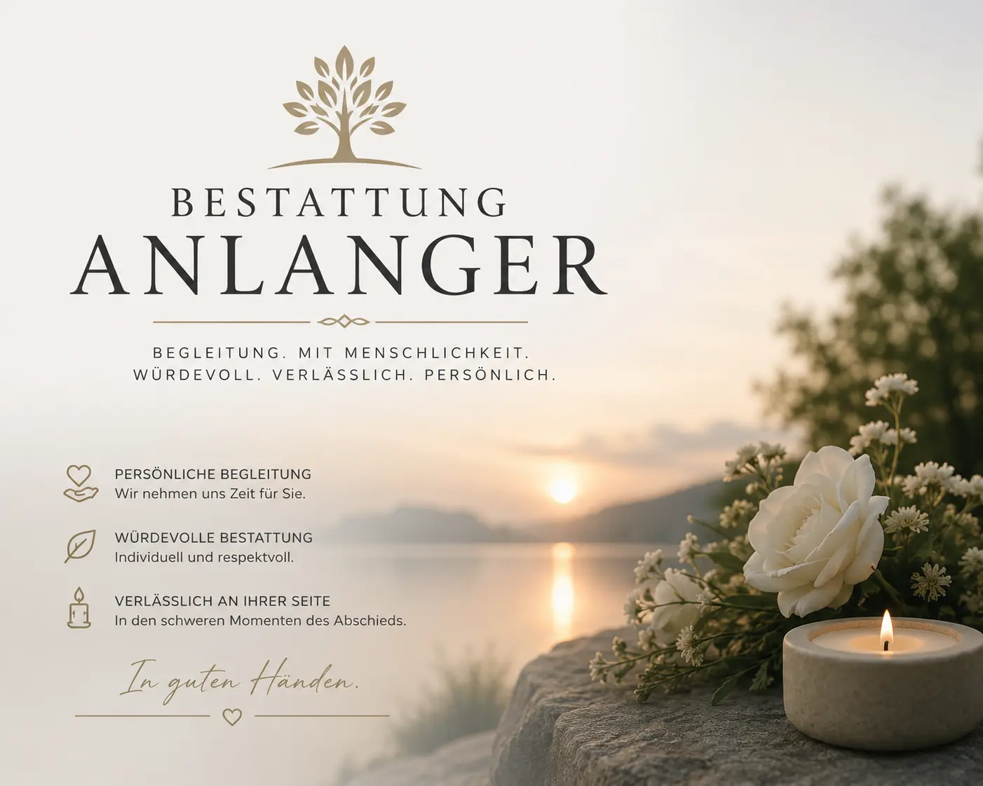 Bestattung Anlanger mit weißen Rosen und Gedenkkerze am See