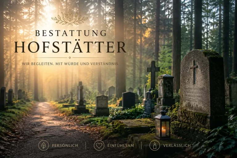 Bestattung Hofstätter mit Waldfriedhof, Grabsteinen und Laterne in ruhiger Atmosphäre