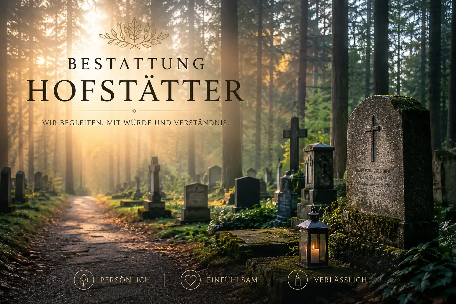 Bestattung Hofstätter mit Waldfriedhof, Grabsteinen und Laterne in ruhiger Atmosphäre