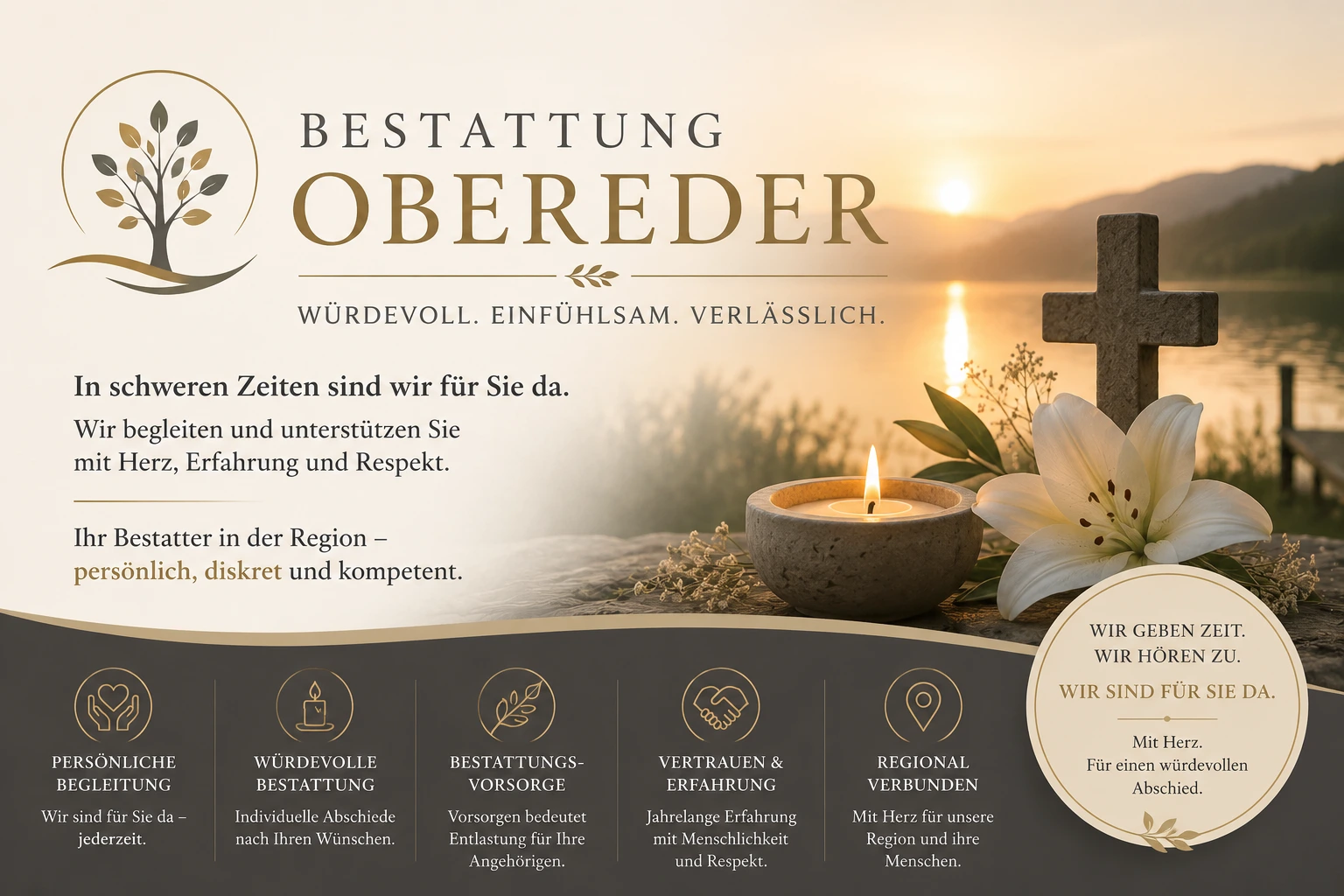 Bestattung Obereder mit Lilie, Kerze und Kreuz am See