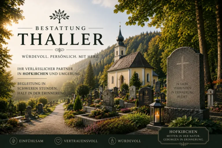 Bestattung Thaller Hofkirchen mit Friedhof, Dorfkirche und Gedenkkerze in ruhiger Atmosphäre