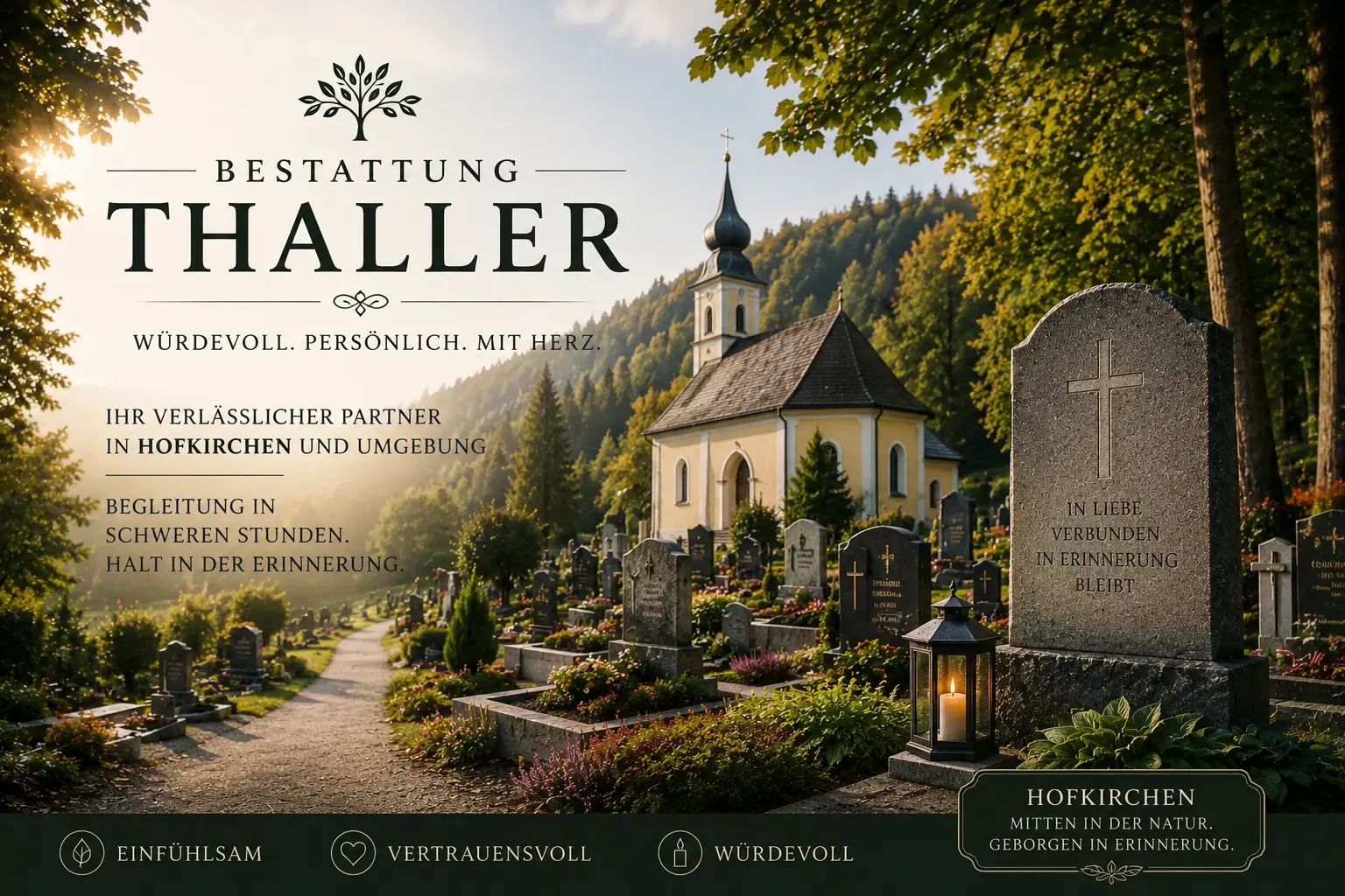 Bestattung Thaller Hofkirchen mit Friedhof, Dorfkirche und Gedenkkerze in ruhiger Atmosphäre