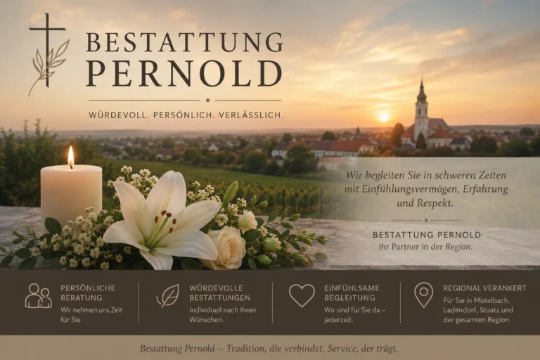 Bestattung Pernold mit Kerze und weißen Blumen vor Kirche bei Sonnenuntergang in Niederösterreich