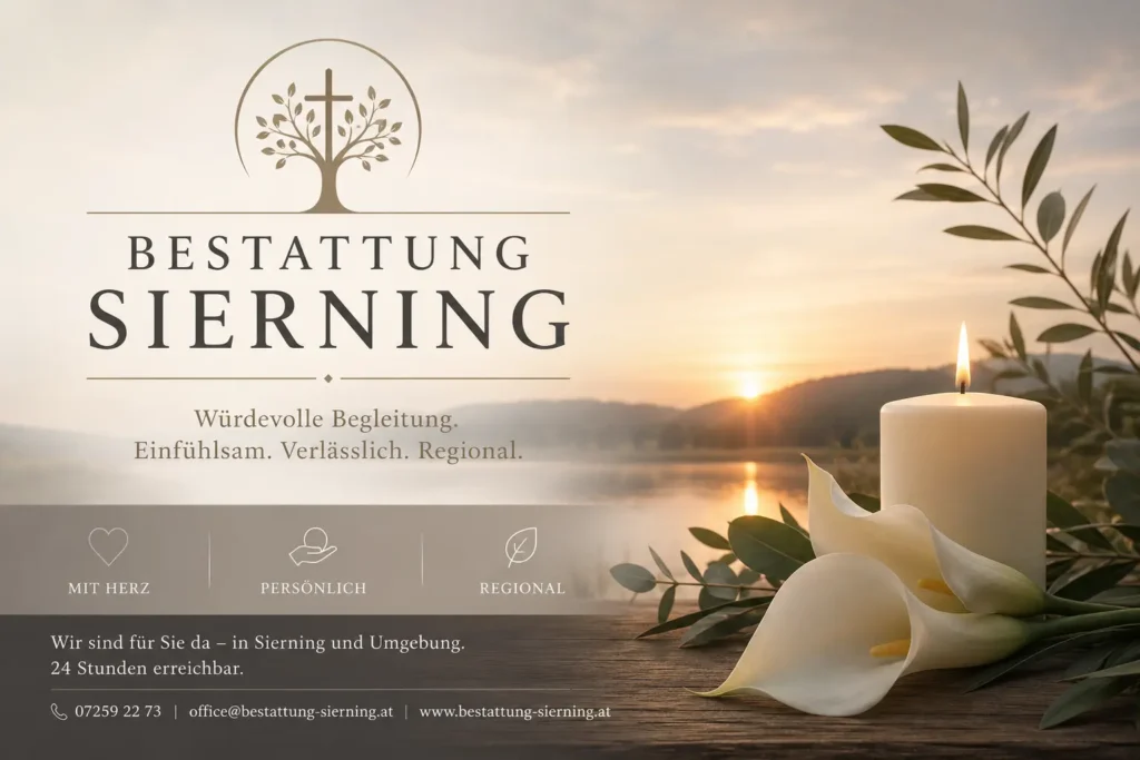 Bestattung Sierning mit Kerze, Calla Blumen und Seenlandschaft bei Sonnenuntergang