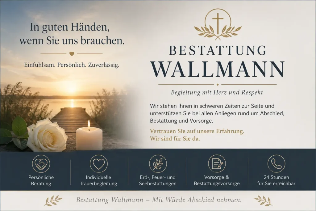 Bestattung Wallmann mit weißer Rose, Kerze und Seelandschaft bei Sonnenuntergang