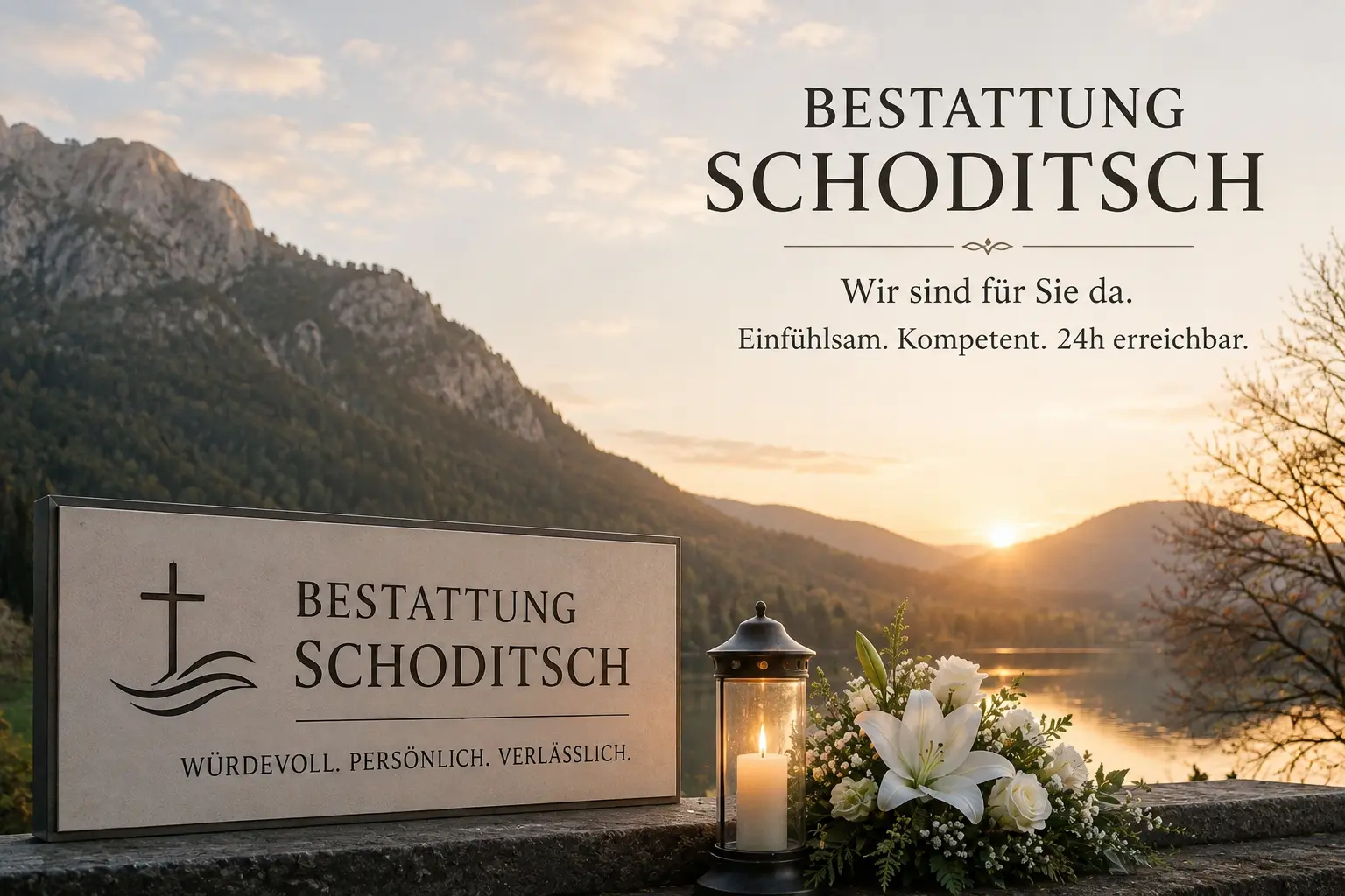 Bestattung Schoditsch mit Kerze, Blumen und würdevoller Naturkulisse
