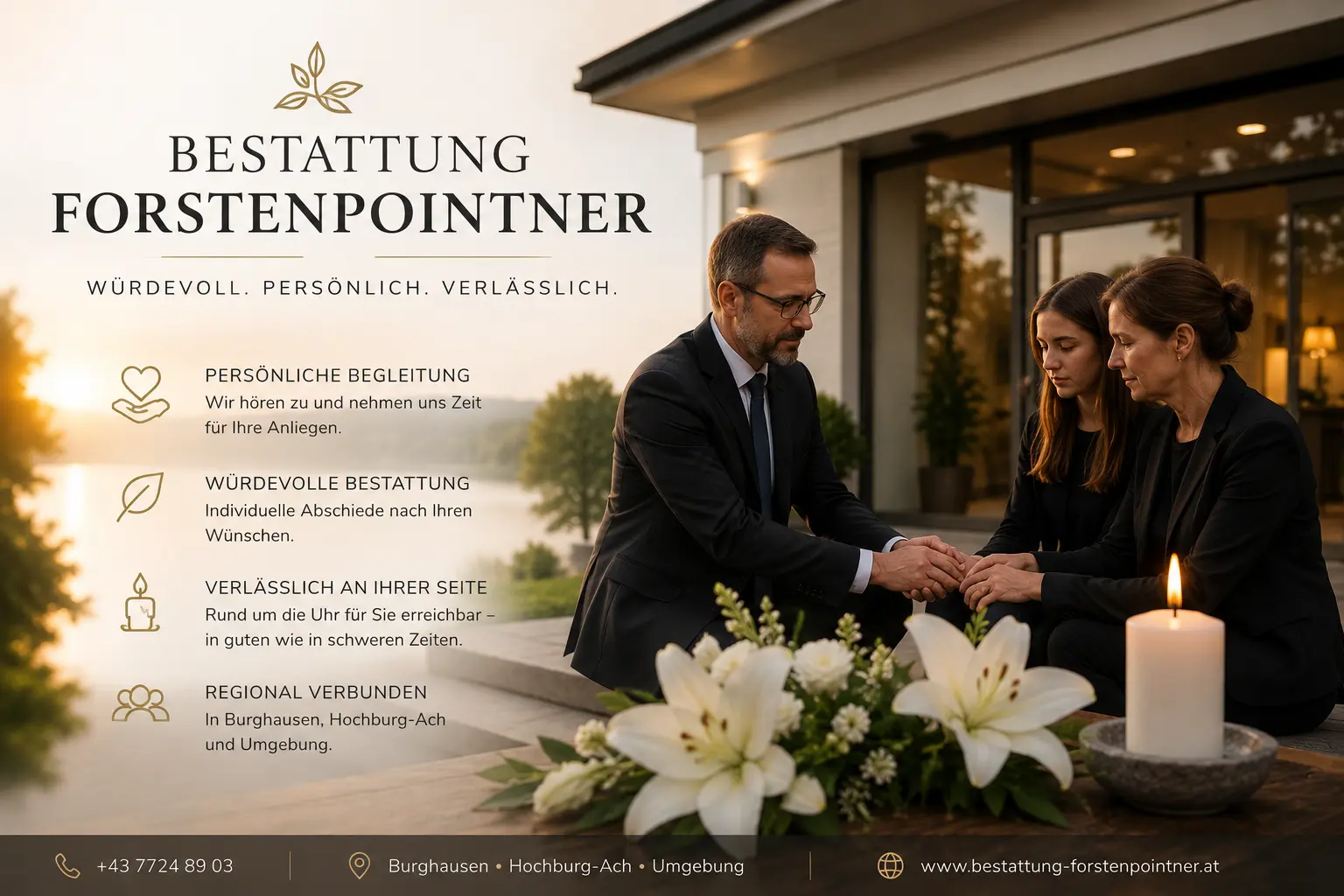 Bestattung Forstenpointner mit Trauerbegleitung, Lilien und Gedenkkerze