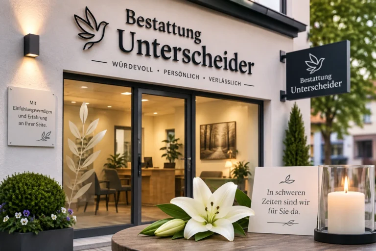 Bestattung Unterscheider mit modernem Eingangsbereich, weißer Lilie und Kerze