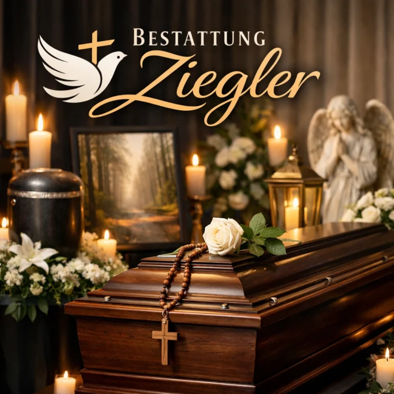 Holzsarg mit Rose und Rosenkranz, umgeben von Kerzen und Blumen - Bestattung Ziegler Österreich