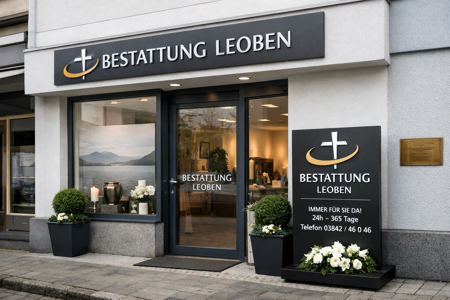 Bestattung Leoben mit modernem Eingangsbereich und würdevoller Trauerdekoration in der Steiermark